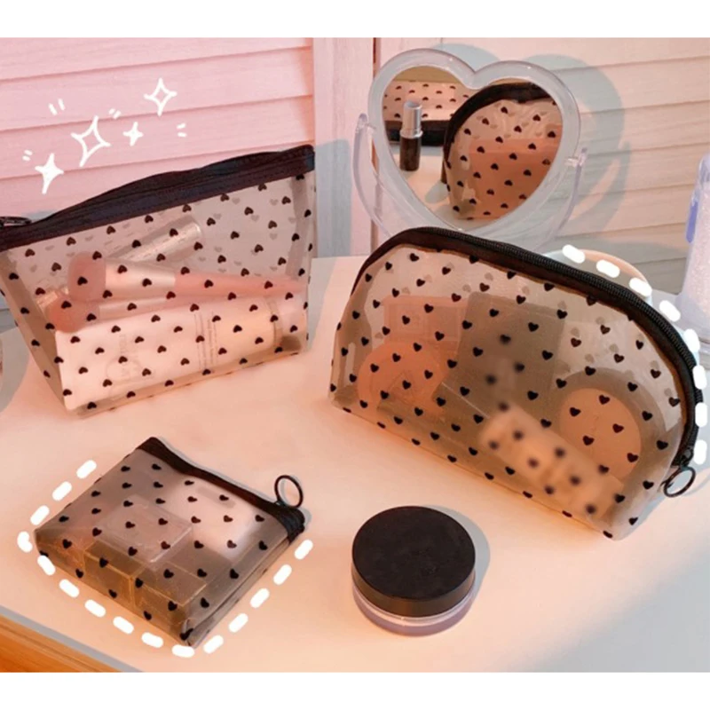 Bolsas de maquillaje de malla para cosméticos, estuche protector con cremallera transparente, estuche para lápices con estampado de corazón negro, práctico de llevar