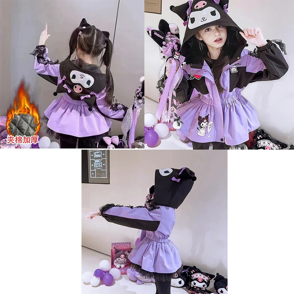 

Winter Kuromi Kids Girls Jacket Thicken New Cartoon Fashion Kawaii Outdoor Hooded Add Cotton Jacket Retract Waist Jackets New