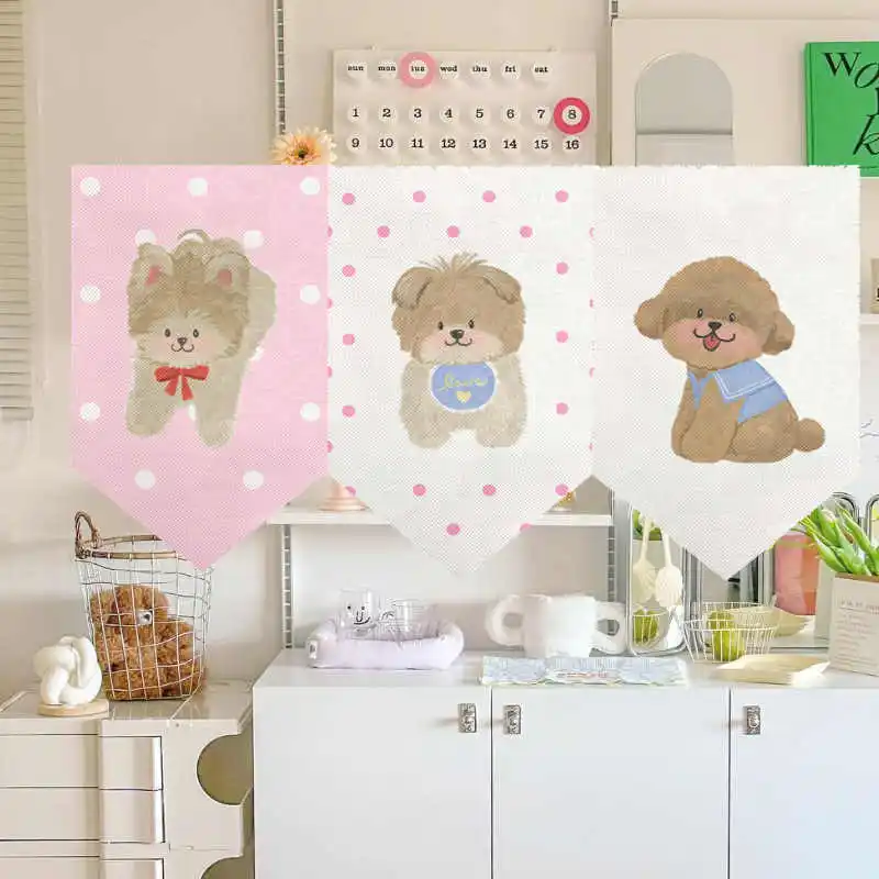 VIKAMA Striped Teddy Puppy Birthday Single Valance Curtain Velcro Punch Free Dining Window Cute Fabric Cover Curtain