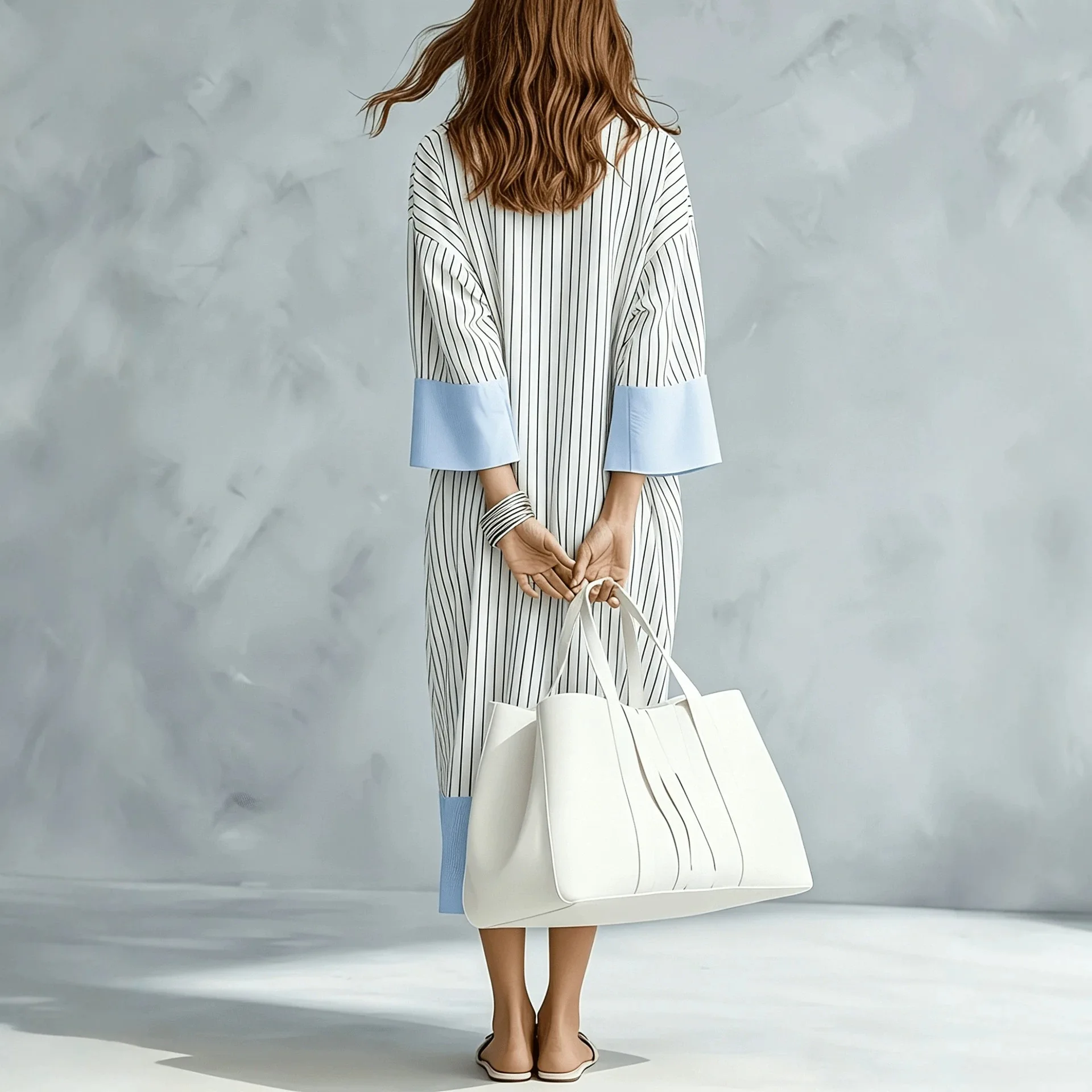 Color Block Striped Shirt Dress Loose Waist Midi Skirt Bell Sleeve Contrast Color Design Comfortable Casual Korean Style Dress