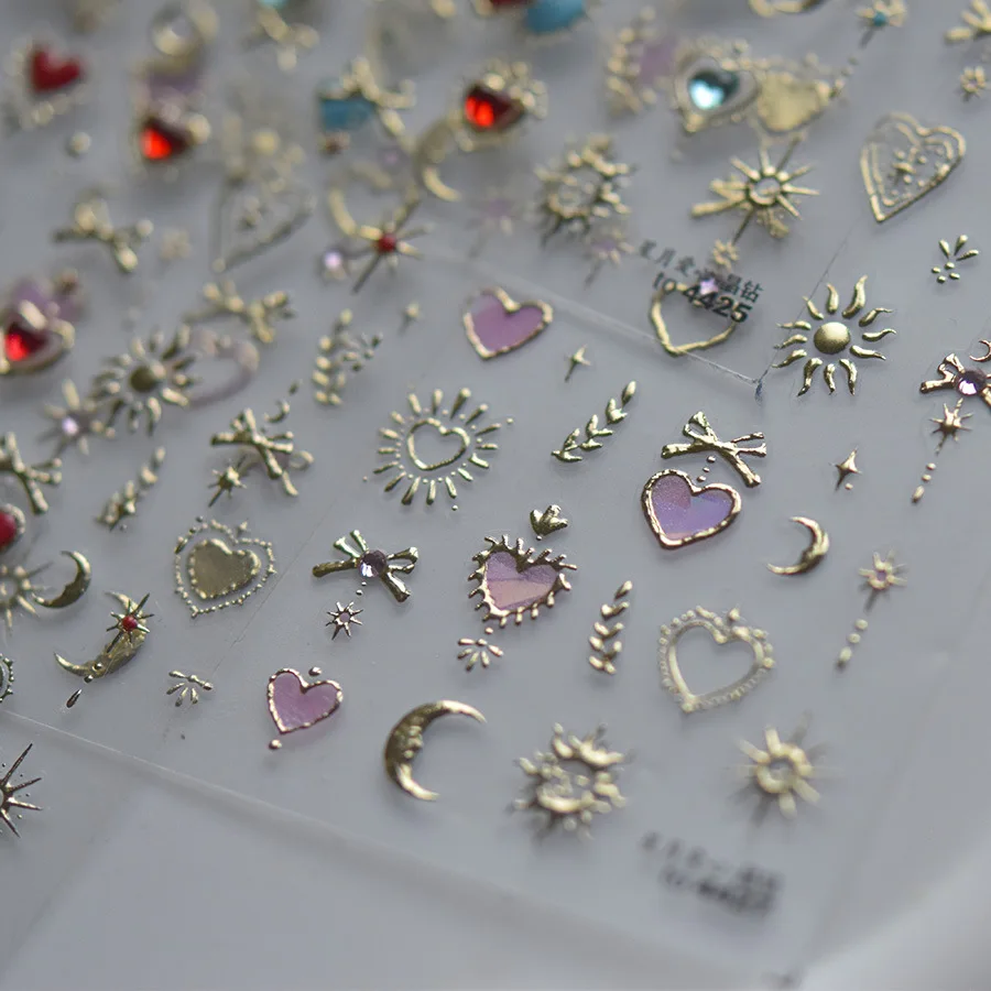 Gold Totem Red Heart Nail Art Stickers Aurora Holographic Star Moon Butterfly 5D Self Adhesive Nail Art RhinestoneS Stickers DIY
