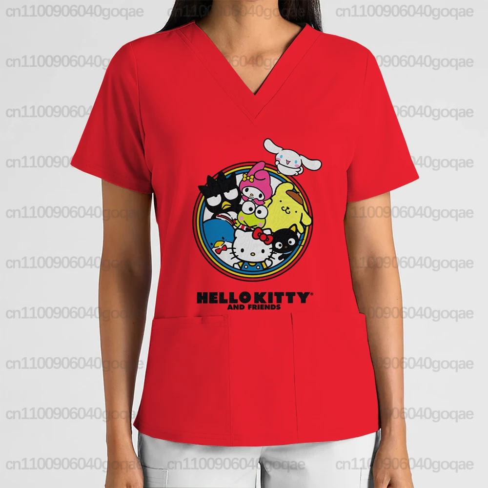 

2025 женская повседневная новая униформа медсестры с мультяшным принтом «Hello Kitty», женская матовая футболка с v-образным вырезом и карманами, топ для салона красоты и домашних животных