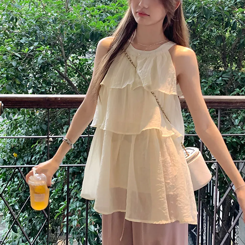 Basic Sleeveless Halter Shirt Women\'s Clothing Fashion Ruffles Spliced Loose French Style Summer Off Shoulder Solid Color Blouse