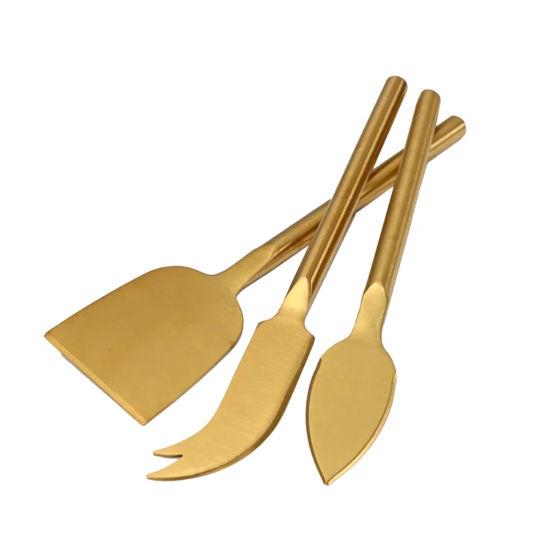 3pcs Gold Plated Stainless Steel Cheese Knife Set Titanium Cutlery Wedding Cake Cheese Slicer Cutter Spreader