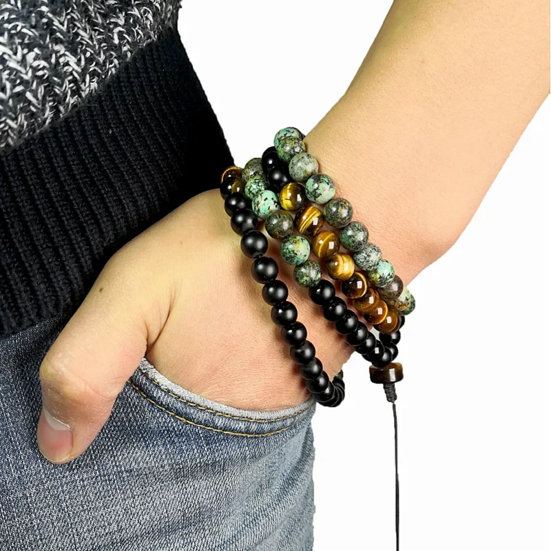 Natural Tiger Eye stone necklace men 108 japanala yoga meditation adjustable 8mm beads African turquoise high quality multi-loop