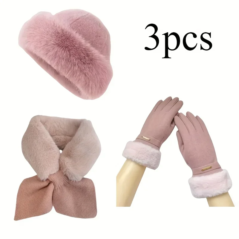 3-piece Women's Winter Set with Thick Gloves, Scarves, and Hats Suitable for Cold Weather and Adding Gloves and Hats in Winter
