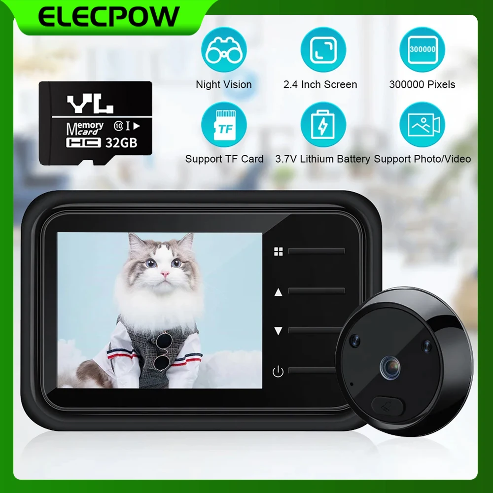 Elecpow-timbre con mirilla de 2,4 pulgadas, cámara de 120 °, LCD, HD, visión nocturna infrarroja, timbre de puerta, Visor de puerta, soporte de almacenamiento de fotos y vídeo