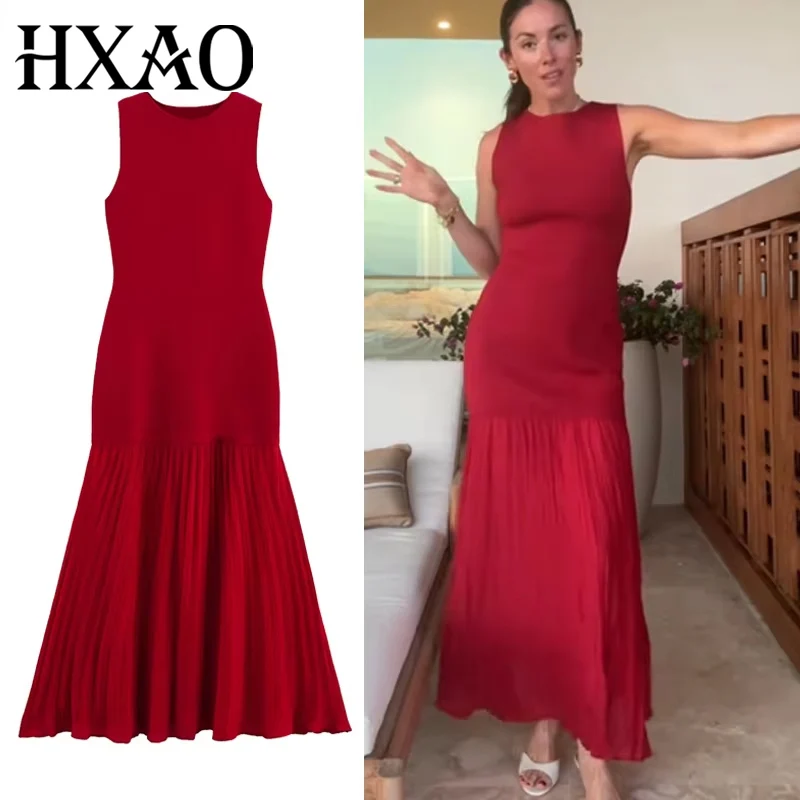 HXAO Sukienki bez rękawów z dzianiny 2025 Damska sukienka patchworkowa plisowana czerwona sukienka letnia elegancka sukienka damska dopasowana sukienka maxi 088