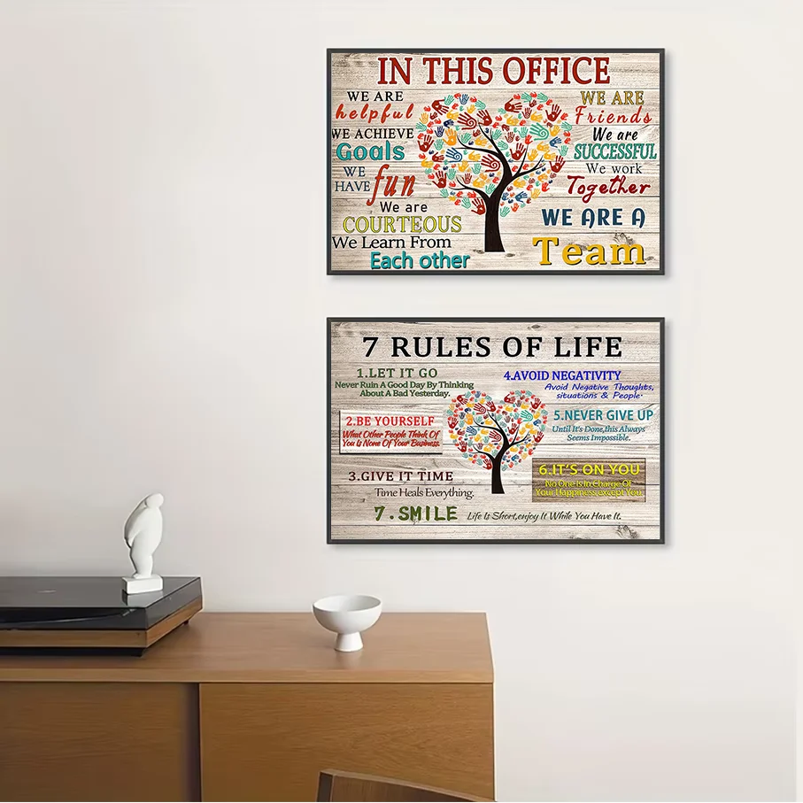 Frameless Canvas Office Teamwork Quote 7 Rules Of Life Colorful Handprint Tree Wood Texture Wall Art Poster