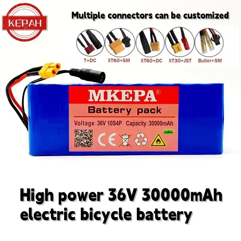 36V 10S4P 30000mAh battery pack 500W high-power battery 36V 30000mAh electric bicycle, customizable with various connector plugs