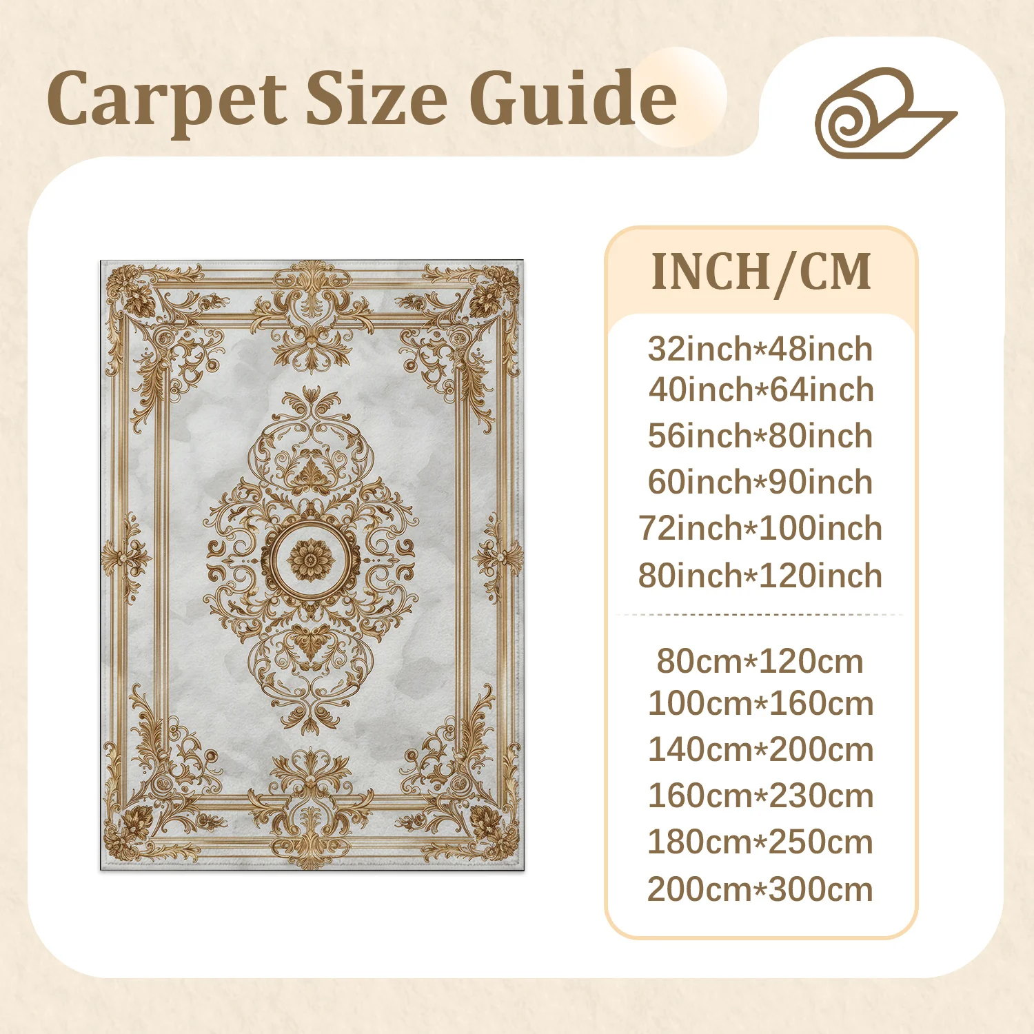 Large Indoor Area Rug, Soft Velvet Low Pile Non-Slip Dotted Backing Machine Washable, Gold Ornate Marble-Inspired Rococo Pattern, Ideal for Living Room, Bedroom, Vintage Royal Home Decor