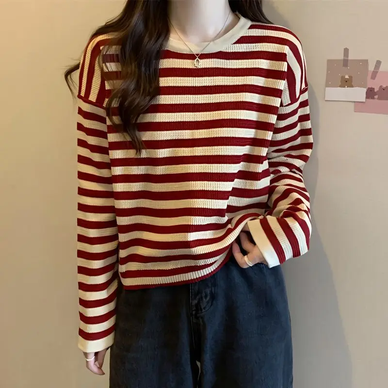 

Contrasting Colors Striped Pullovers Spring Autumn Vintage Loose Women's Clothing Casual Round Neck Long Sleeve Knitted T-shirt