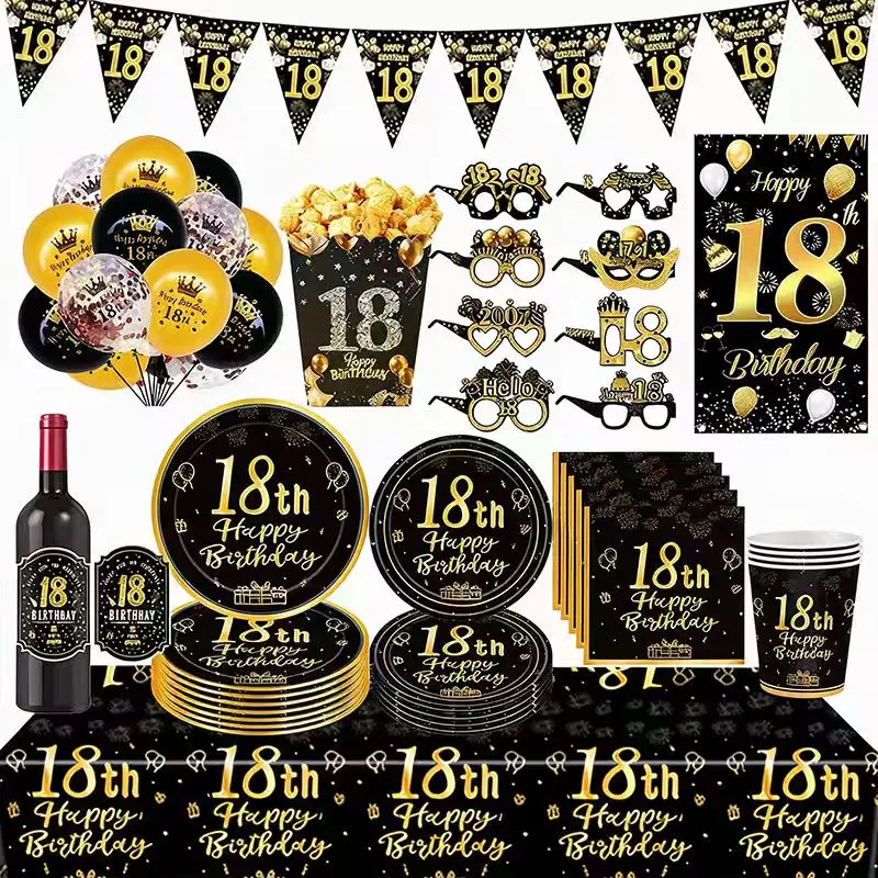 Schwarzgold, Dekoration zum 18-jährigen Geburtstag, Geschirr, Teller, Tassen, Tischdecke, Ballon-Set, Popcorn-Box, Partyzubehör zum 18. Geburtstag