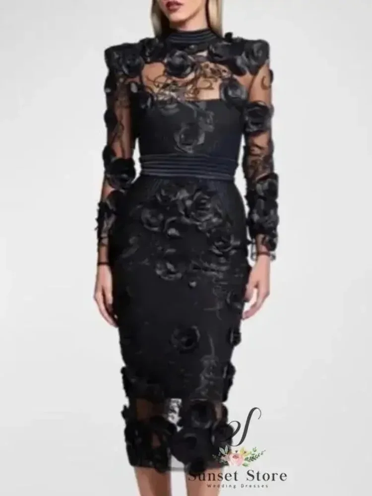 Customized Black Flower Design Long Sleeve High-Neck Tea-Length Elegant Evening Gowns Formal Occasion Special Event Tailor2025