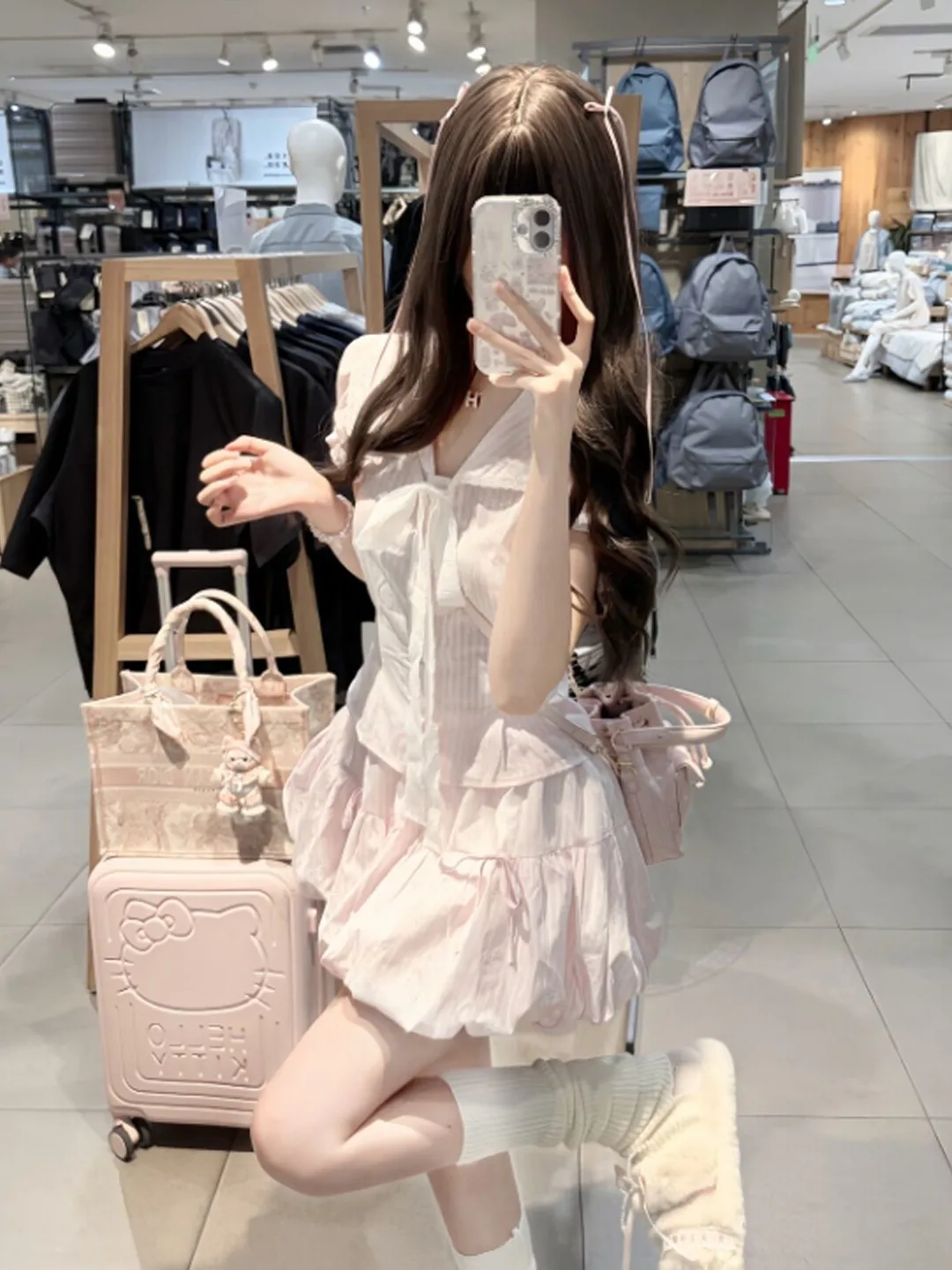 

Unique Beautiful Sweet Style Women's Fashion Summer Set Soft Breeze Sweet Top Half Skirt Comfortable Cotton Shirt Knot