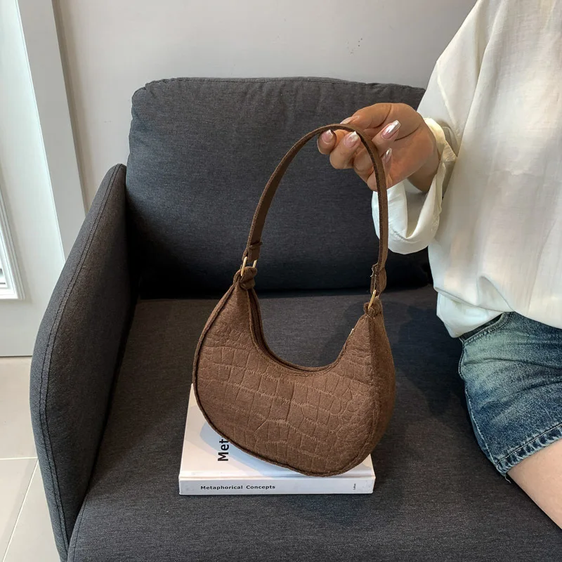 Casual Shoulder Bags Women Felt Stone Pattern Underarm Bag Fashion Exquisite Crescent Saddle Bags Ladies Advanced Armpit Bag