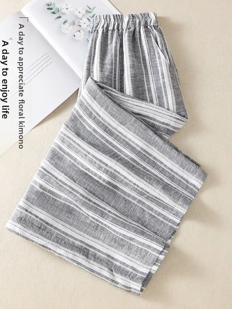 Retro Striped Texture Linen Wide Leg Pants Women Summer Loose Cotton Linen Draped Straight Casual Long Trousers Thin