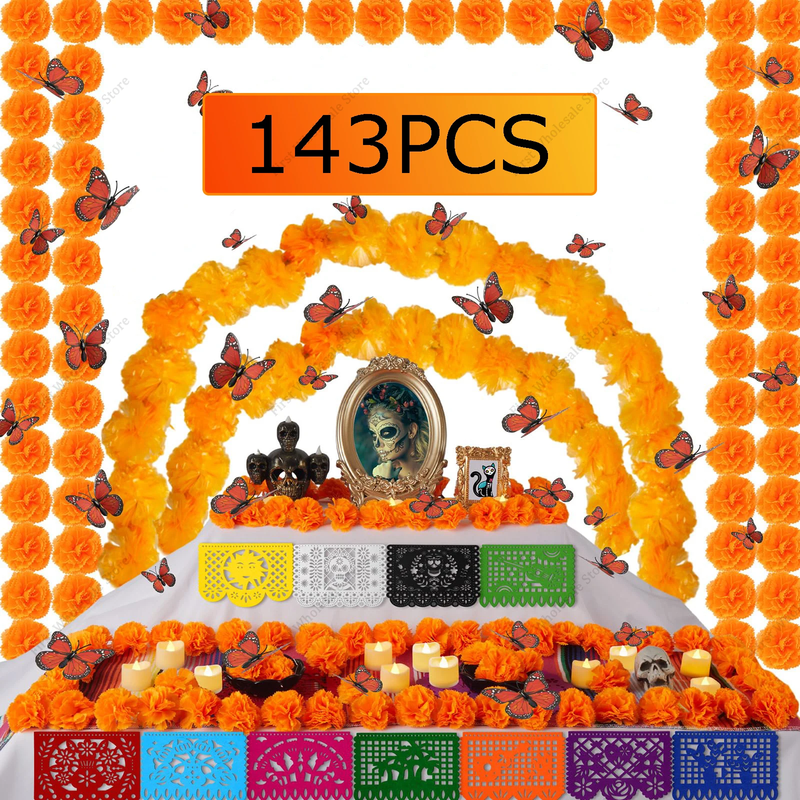 

143pcs Day of the Dead Decorations Marigold Garland Stem Marigold Flowers Monarch Butterfly LED Candles Mexican Party Banner