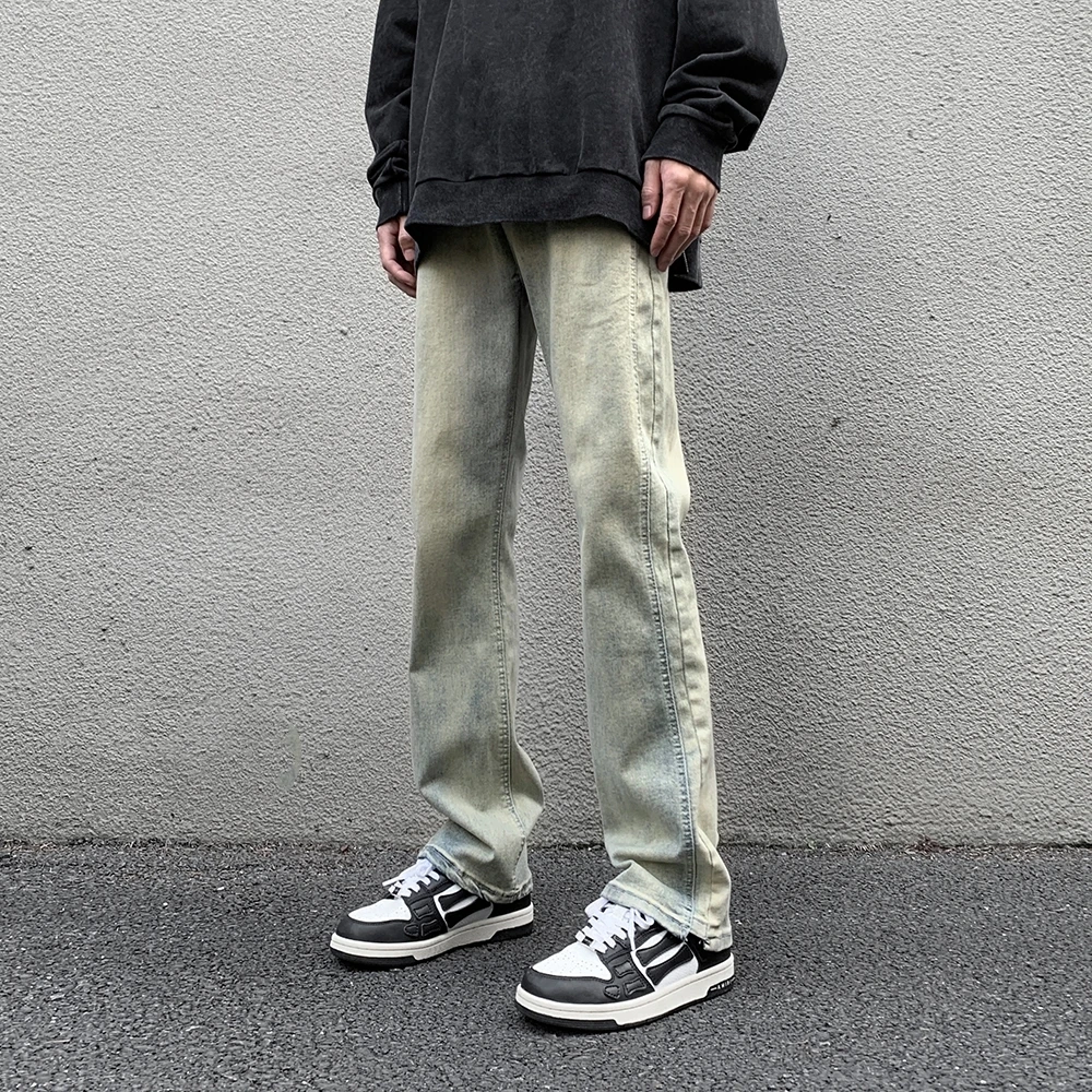 

Мужские джинсы American High Street: осенние, модные, в стиле хип-хоп, универсальные, свободные, прямого кроя, цвета грязно-желтый, винтажные, с эффектом потертости