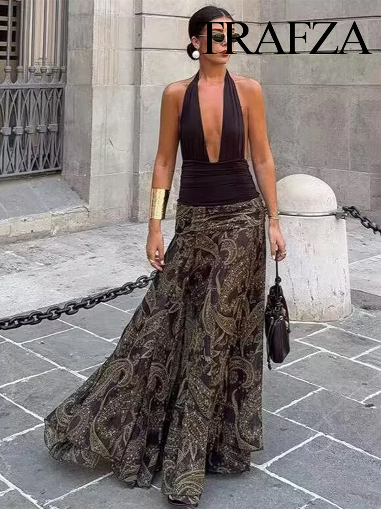 

TRAFZA Women Autumn Vintage Printed Skirt High Waist Pleated Chic Side Zipper Skirts Female Street New Fashion Slim Midi Skirts