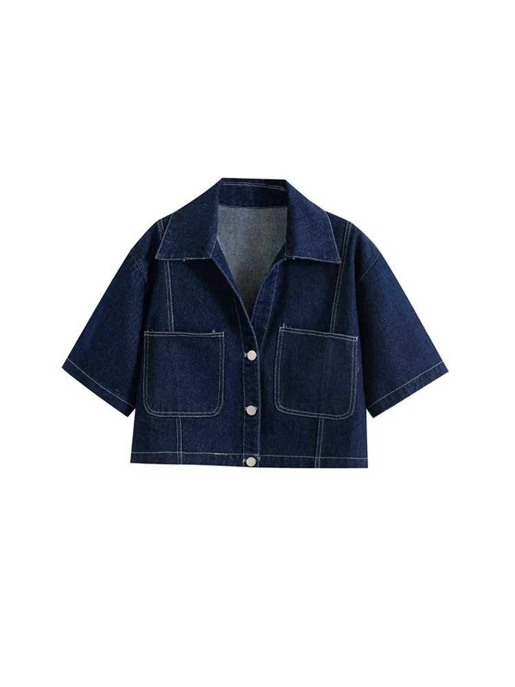 

GELITAYIN Women's Fashion Cropped Denim Shirt With Pockets Short Sleeve Button-Up Chic Female Blouse Trendy Top