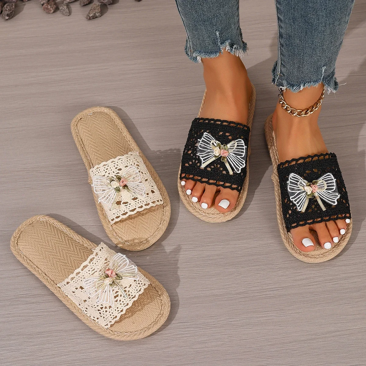 Sandalias planas de mujer con lazo de encaje, suela de yute tejida, punta abierta, para verano, uso interior y exterior, zapatillas casuales.