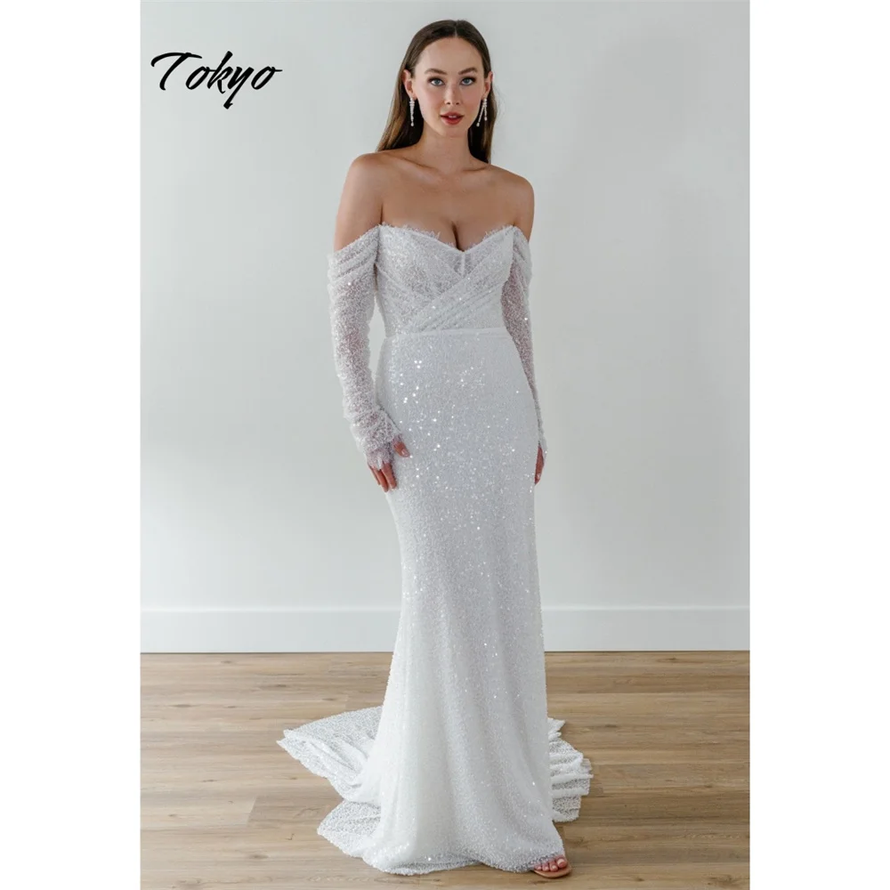 Tokyo Customized White Mermaid Wedding Dress Off the Shoulder Long Sleeve Backless Bridal Gown 2025 Court Train Wedding Gown