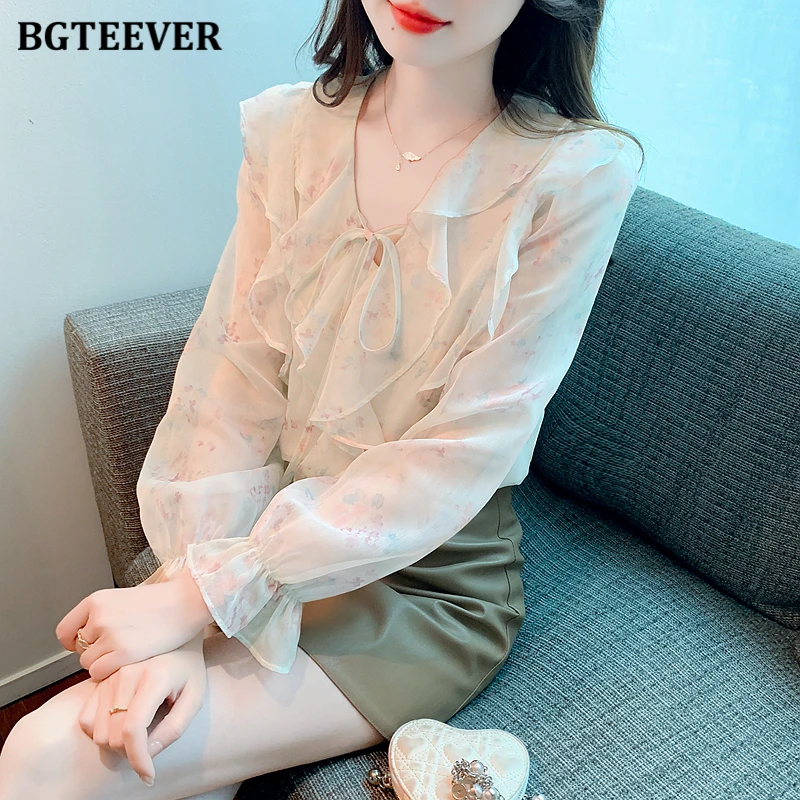 

BGTEEVER Vintage Ruffles Women Lace-up Floral Blouses Elegant Long Sleeve Loose Women Chiffon Shirts Spring Ladies Tops Blusas