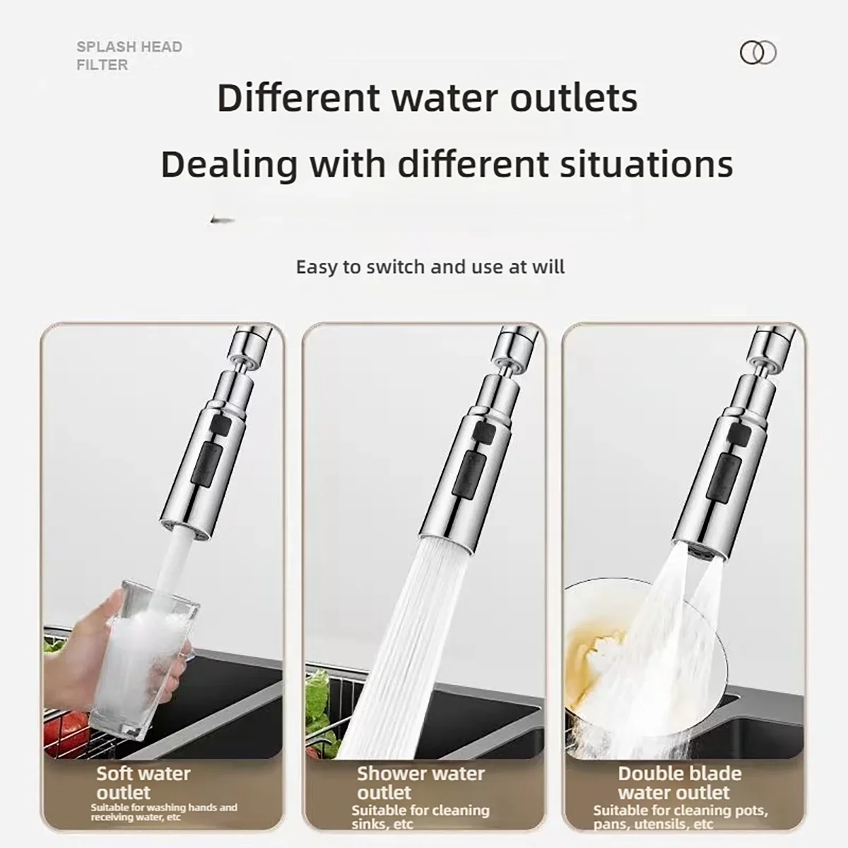 Pulvérisateur de robinet de cuisine 360 °   Robinet rotatif 3 Modes salle de bains pulvérisateur anti-éclaboussures robinets de cuisine anti-éclaboussures robinet Booster