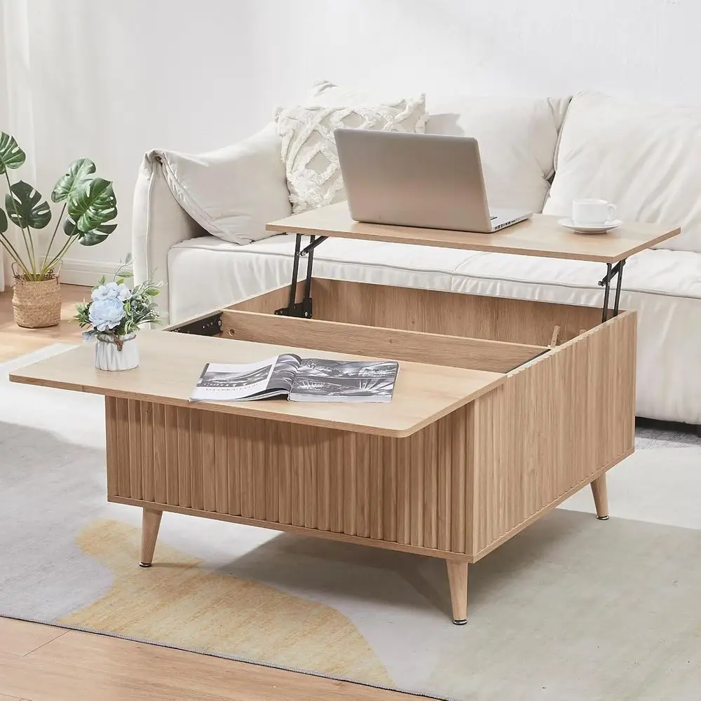 

Modern Coffee Table with Storage, Lighted Top Option, Suitable for Living Room, Office, and Studio, Natural Oak Finish