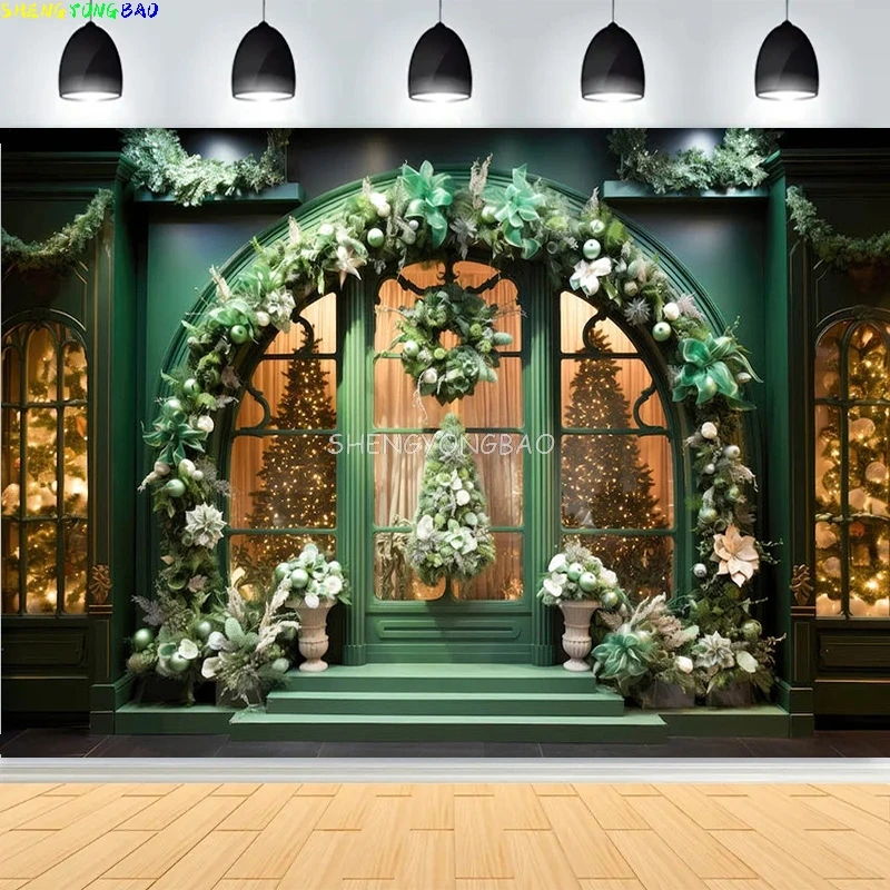 

Christmas Day Wreath Photography Backdrops Family Arch Holiday Doors Composite Digital Photo Studio Background SJ-01