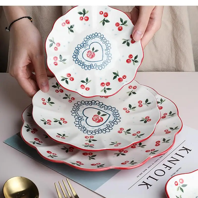 

Hand-painted Cherry Ceramic Plate Household Tableware 10 Inch Steak Cute Fruit Small