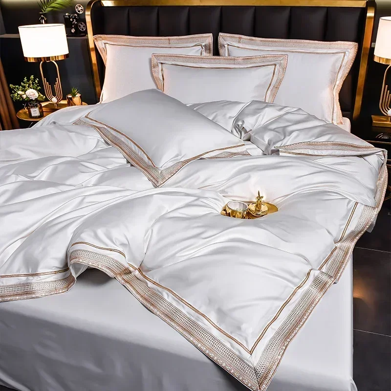 4PCS Bedding Set 1000TC Egyptian cotton Soft Duvet cover flat& fitted sheet pillowcases Luxury Embroidery bed set