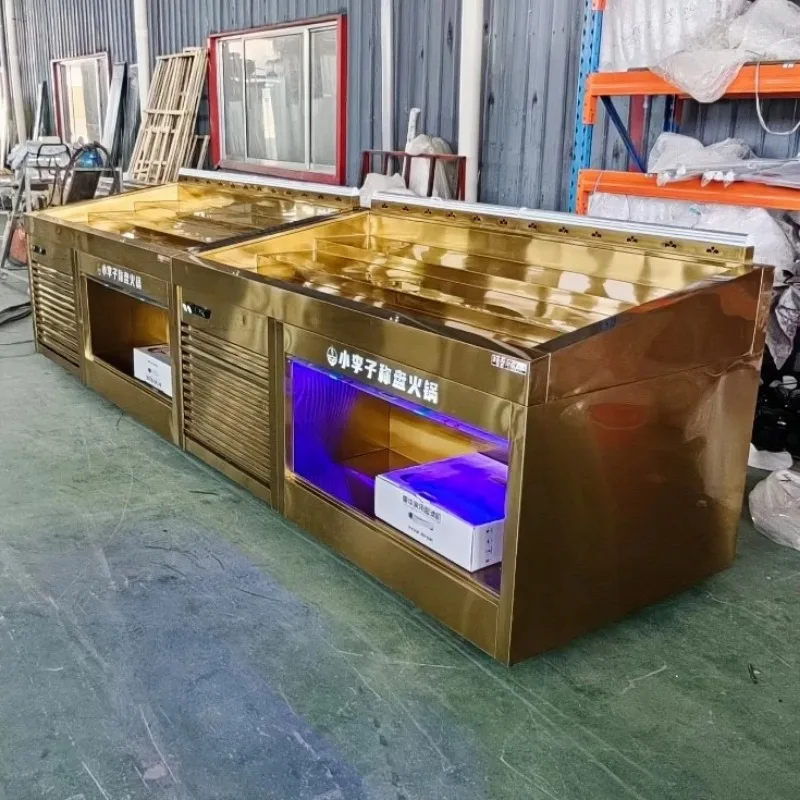 Golden Tiered Mist Display Cabinet - Customizable For Hot Pot And Grill Restaurant Ingredient Showcase