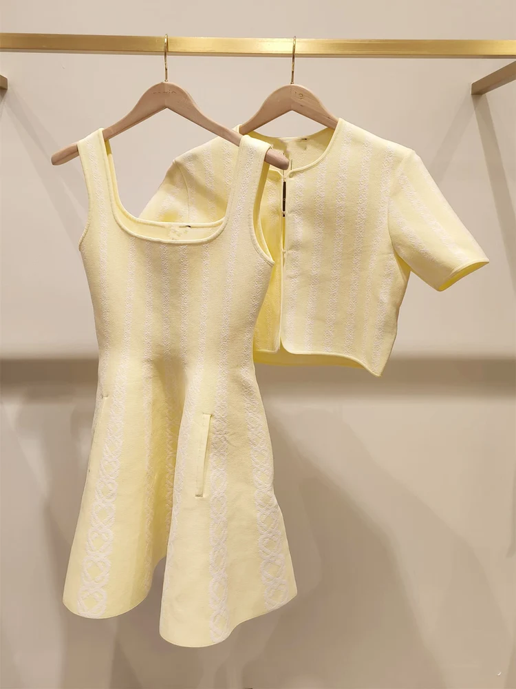 

High-End Version European Style Yellow round Neck Knitted Short Sleeve Cardigan Dress French Style Two-Piece Set for Women