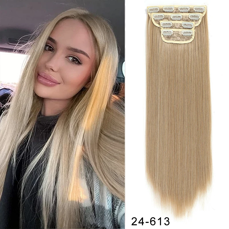 

Blonde Hair Extensions Clip in Hair Extension Straight 24inch Synthetic Thick Clips on Hair Piece for Women 4PCS Black Hairpiece