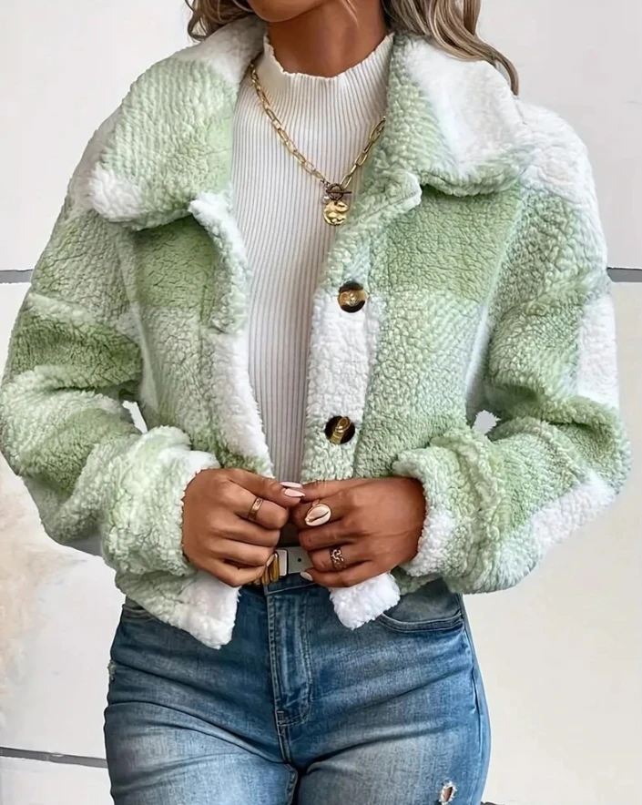 

Women's Jacket 2024 Autumn Fashion Plaid Pattern Turn-Down Collar Button Front Long Sleeve Casual Daily Crop Teddy Coat