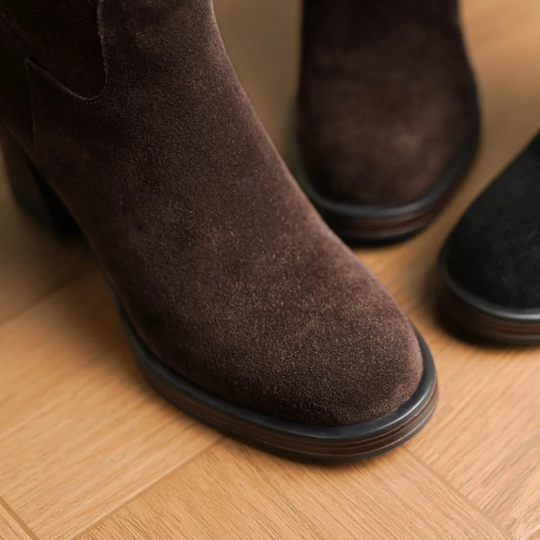 المرأة جلد الغزال الطبيعي جولة تو الظهر البريدي الخريف حذاء برقبة للركبة 7.5 سنتيمتر كعب مكتنز منصة أنيقة السيدات أحذية طويلة الساخن #5