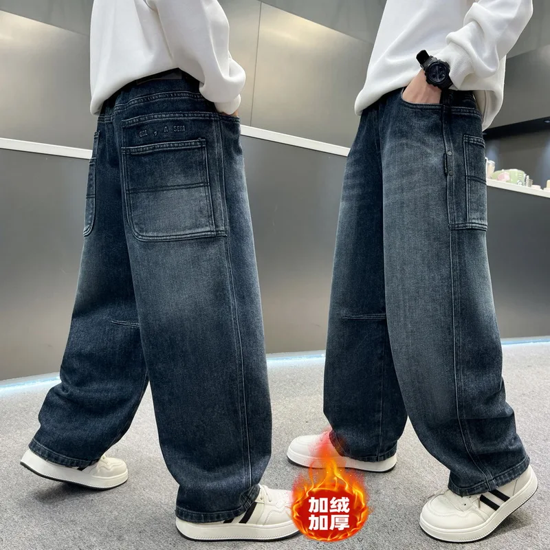 Teens Boy Winter Thermal Jeans High Street Insulated Denim Pants Kids Retro Blue Warm Baggy Jeans Trousers Age 5 7 9 11 13 14 Y