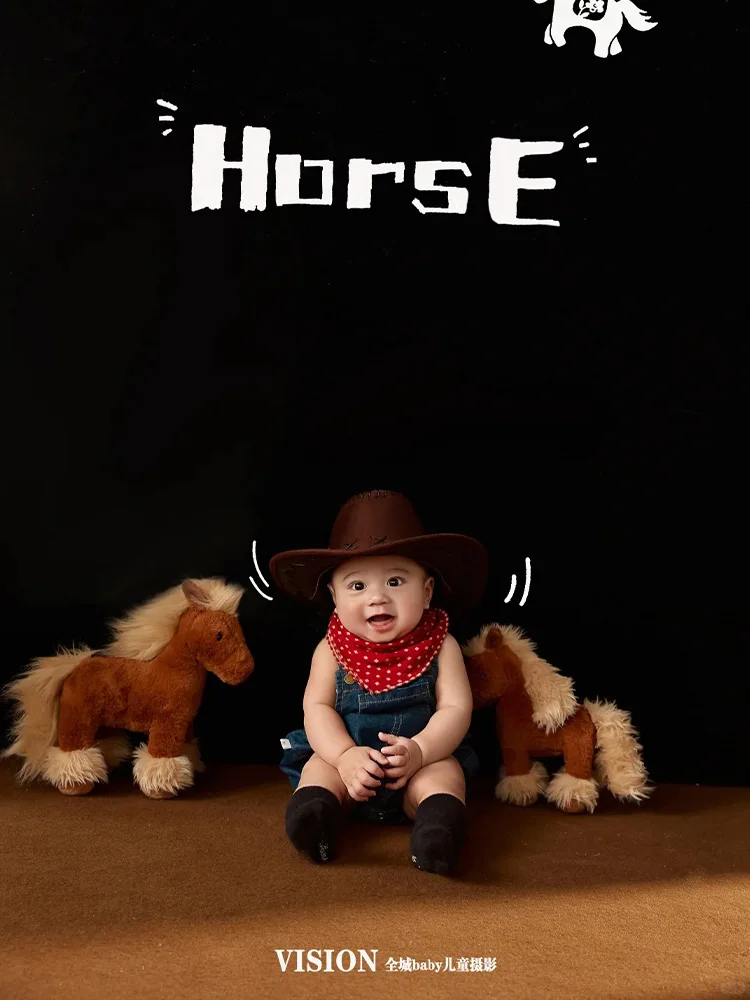 western-cowboy-themed-baby-photography-props-set-wild-west-photo-outfit-plush-horse-props-for-infant-100-days-milestone-pictures