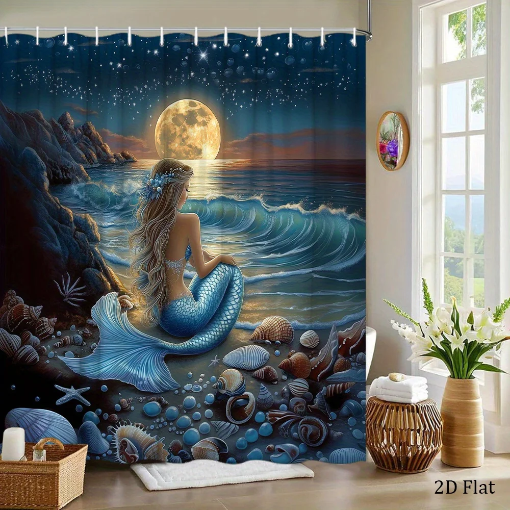 1pc a Mermaid Shower Curtain Featuring Long Blonde Hair And a Blue Tail, Looking at a Full Moon Above The Ocean, Creating a Calm