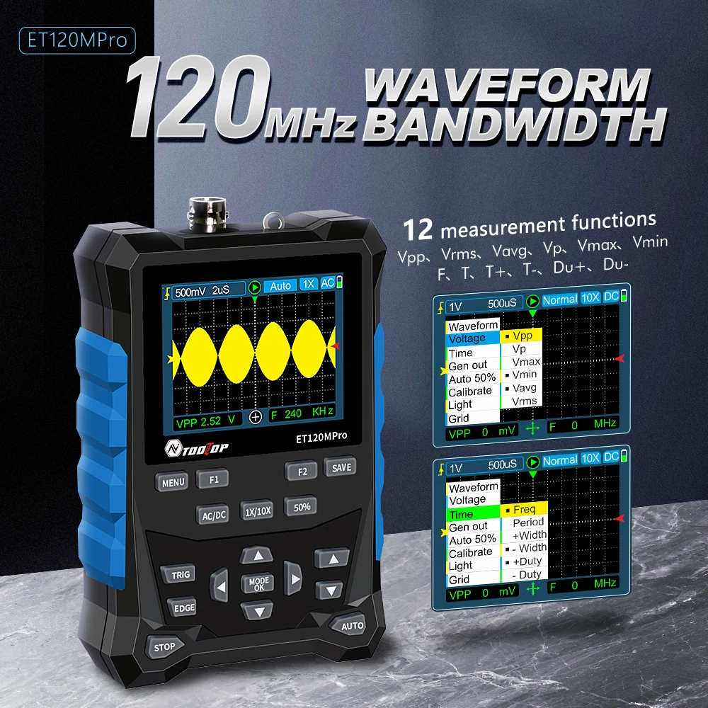 TOOLTOP ET120MPro Portable 120MHz 500MS/s Digital Oscilloscope 3MHz Signal Sources 2 in 1 Automotive Osciloscópio DIY Tools