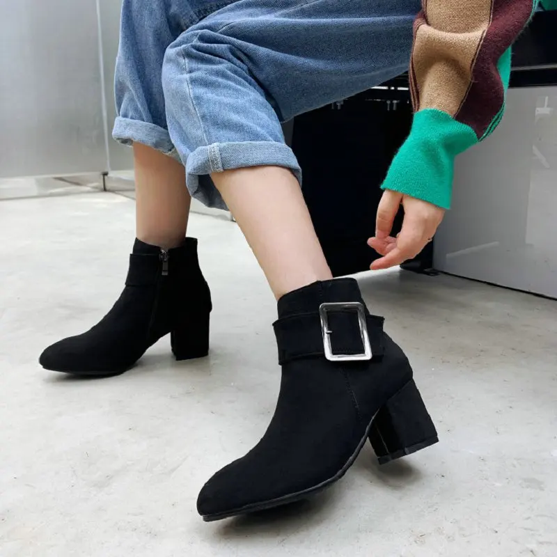 

QPLYXCO 2021 Spring Trendy Big Metal Buckle Belt Square Thick Heels Chic Fashion Women Shoes Womans Ankle Riding Boots