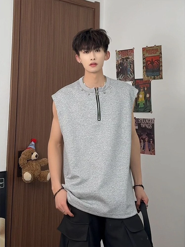Teen Boys Half Zip Vest Punk Rivet Tank Tops Summer Slim Fit Sleeveless Tee Streetwear Designer Chest Bags