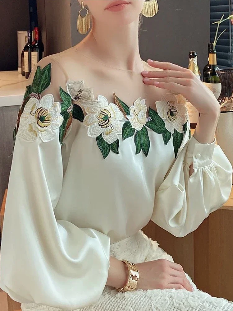 Elegant Embroidered Flower Woman Blouse Mesh Patchwork Spring Satin Shirt Lady O-neck Tops Long Sleeve Women's Clothes 24976