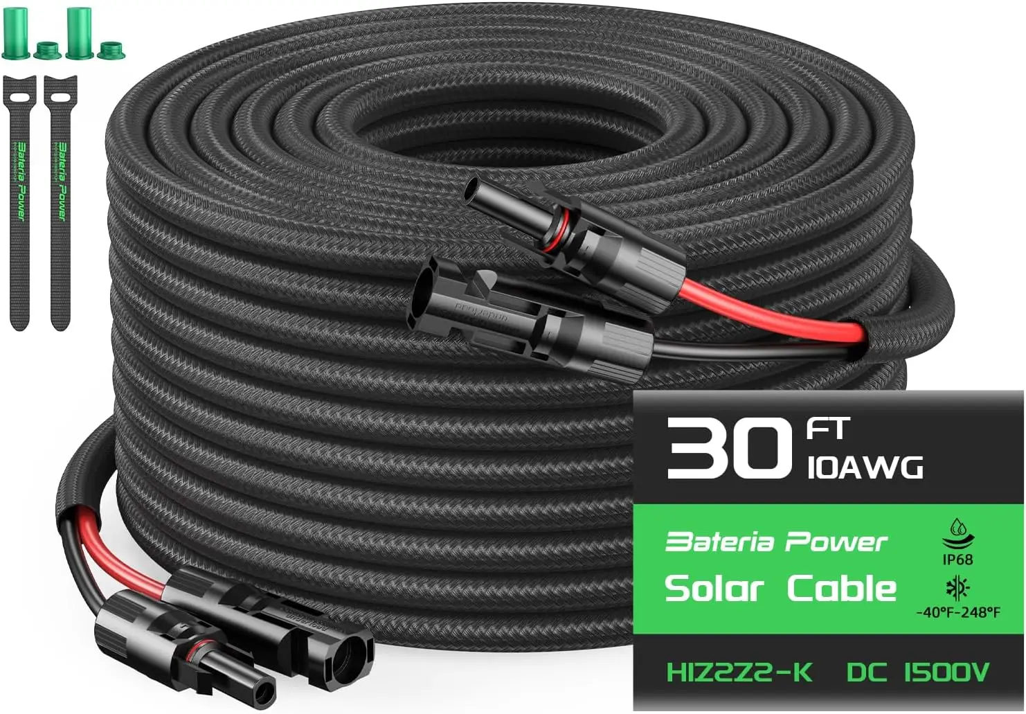 

10AWG 30FT Solar Panel Extension Cable, Flame Retardant Protective Sleeving, Twin Wire 10 Gauge Solar Cable with IP