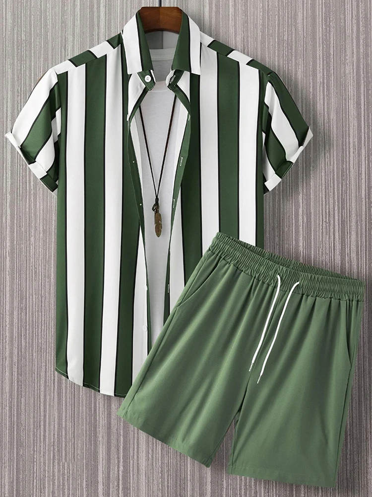 Summer Pink Stripe 3D Print Men Shirt Sets Short Sleeve Shirt Oversized Casual Beach Shorts Streetwear Hawaiian Suits Clothes