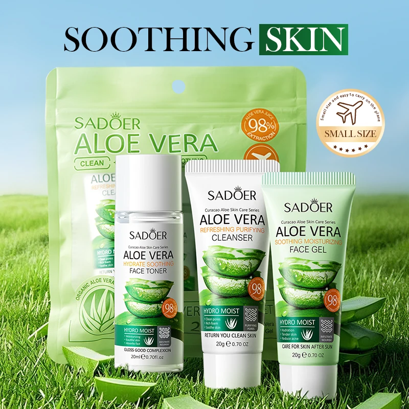 3pcs Aloe Vera Travel Skin Care Set Face Wash Facial Cleanser Aloe Gel Toner Cream Moisturizing Facial Travel Size Skin Care