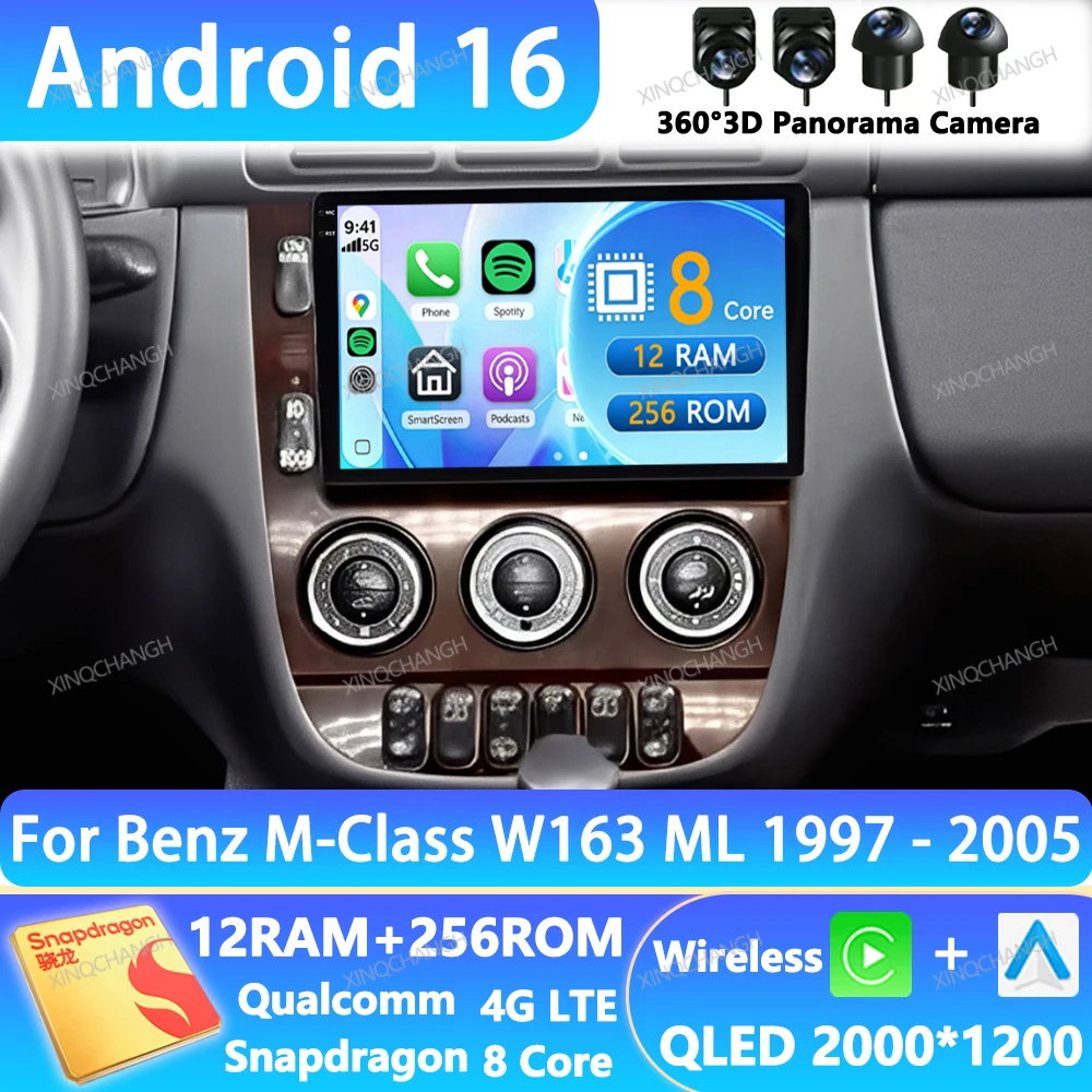 Android 16 Car Radio For Mercedes Benz M-Class W163 ML 1997 - 2005 QLED Head Unit Multimedia Video Player BT Navigation 4G WIFI
