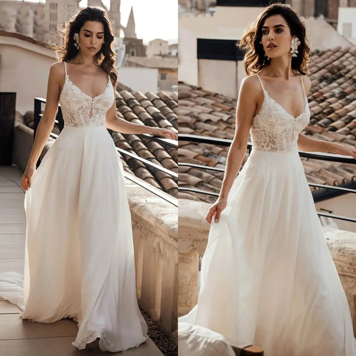 Lace Spaghetti Straps Wedding Dress Simple V Neck Empire Waist Bride Gown Floor Length Casamento Chiffon Abito Da Sposa